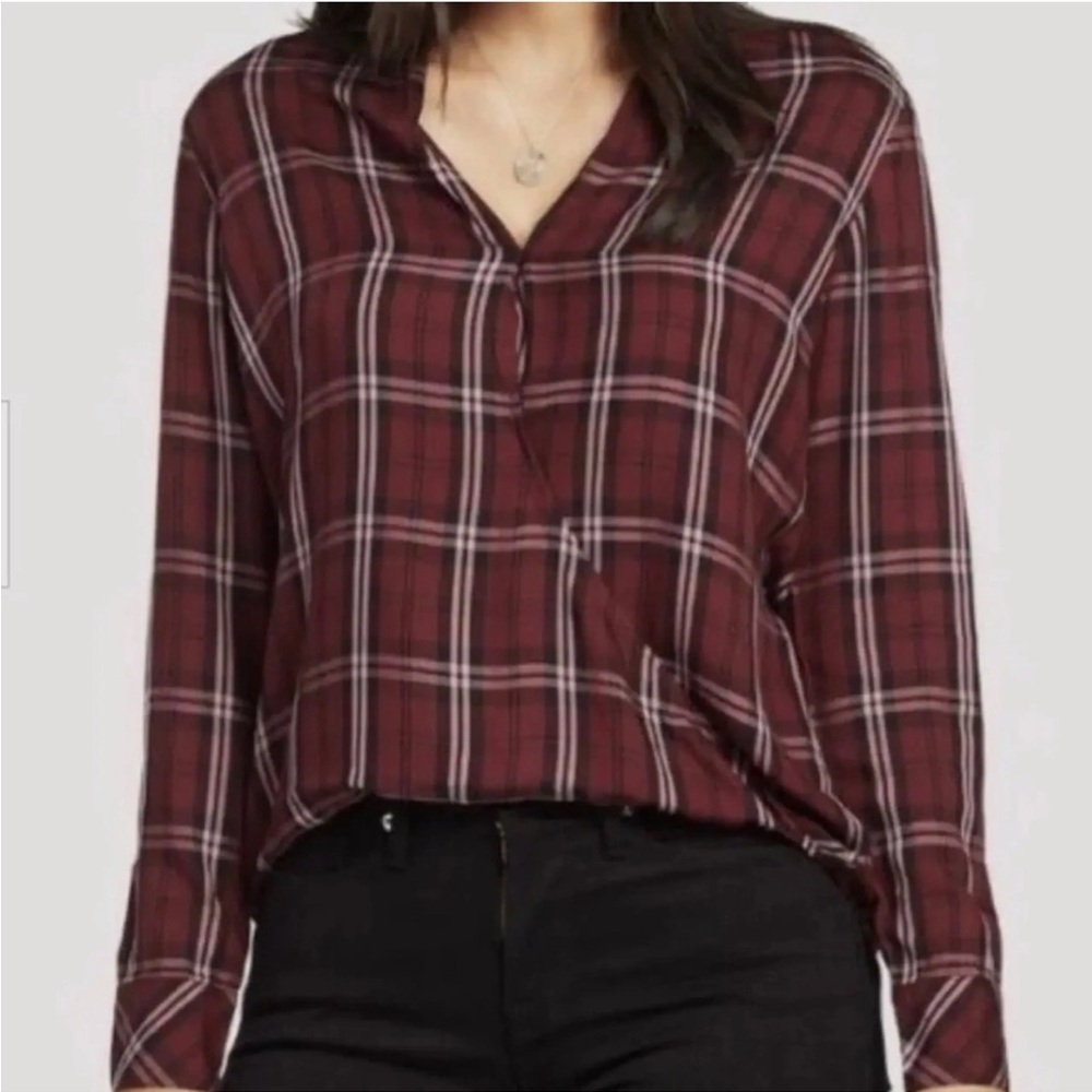 Cloth & Stone Plaid grunge long sleeve wrap Blouse